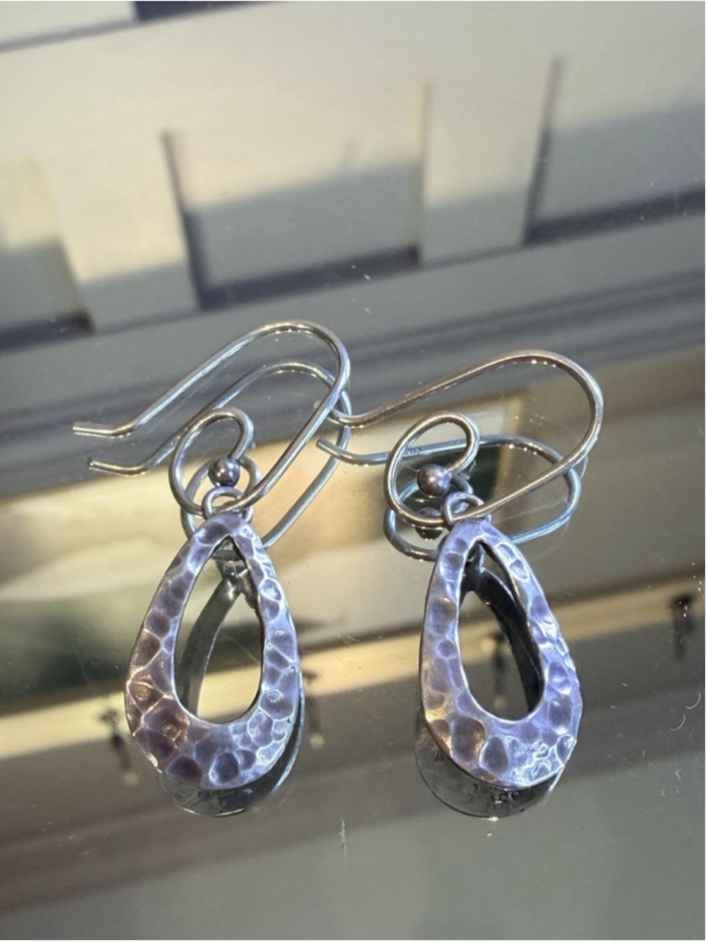 Mexico Sterling Silver Hammered Hoop Earrings 925 Mexico Large Teardrop